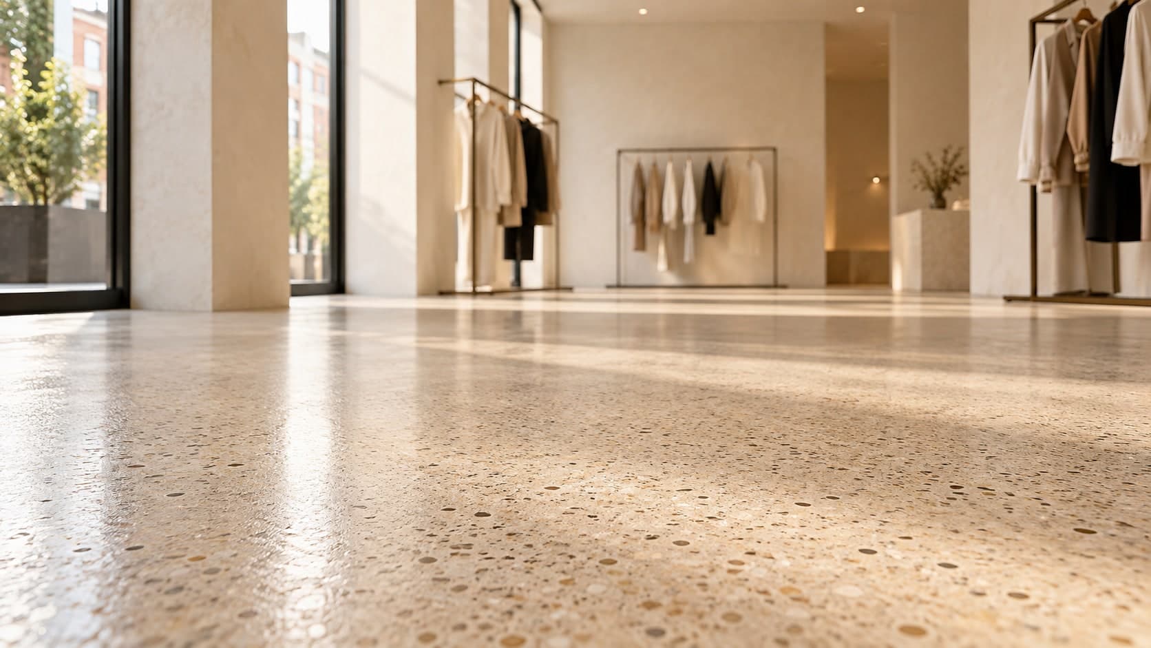 Terrazzovloer met fijn granulaat in de winkelruimte
