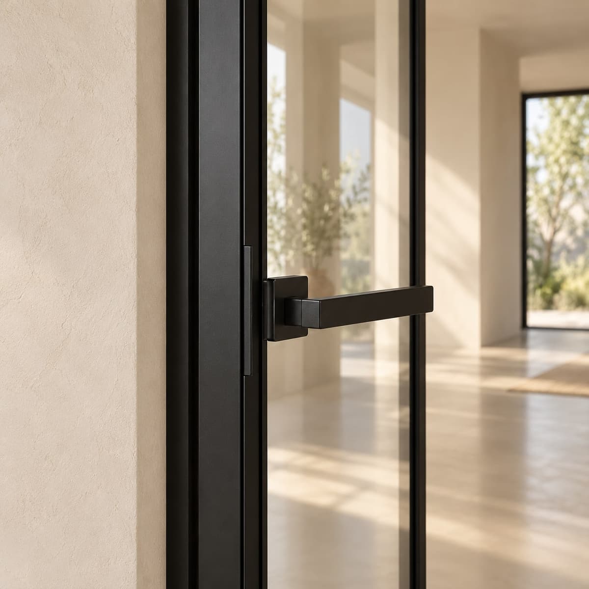 Detail van een slank stalen profiel met glas en deurgreep