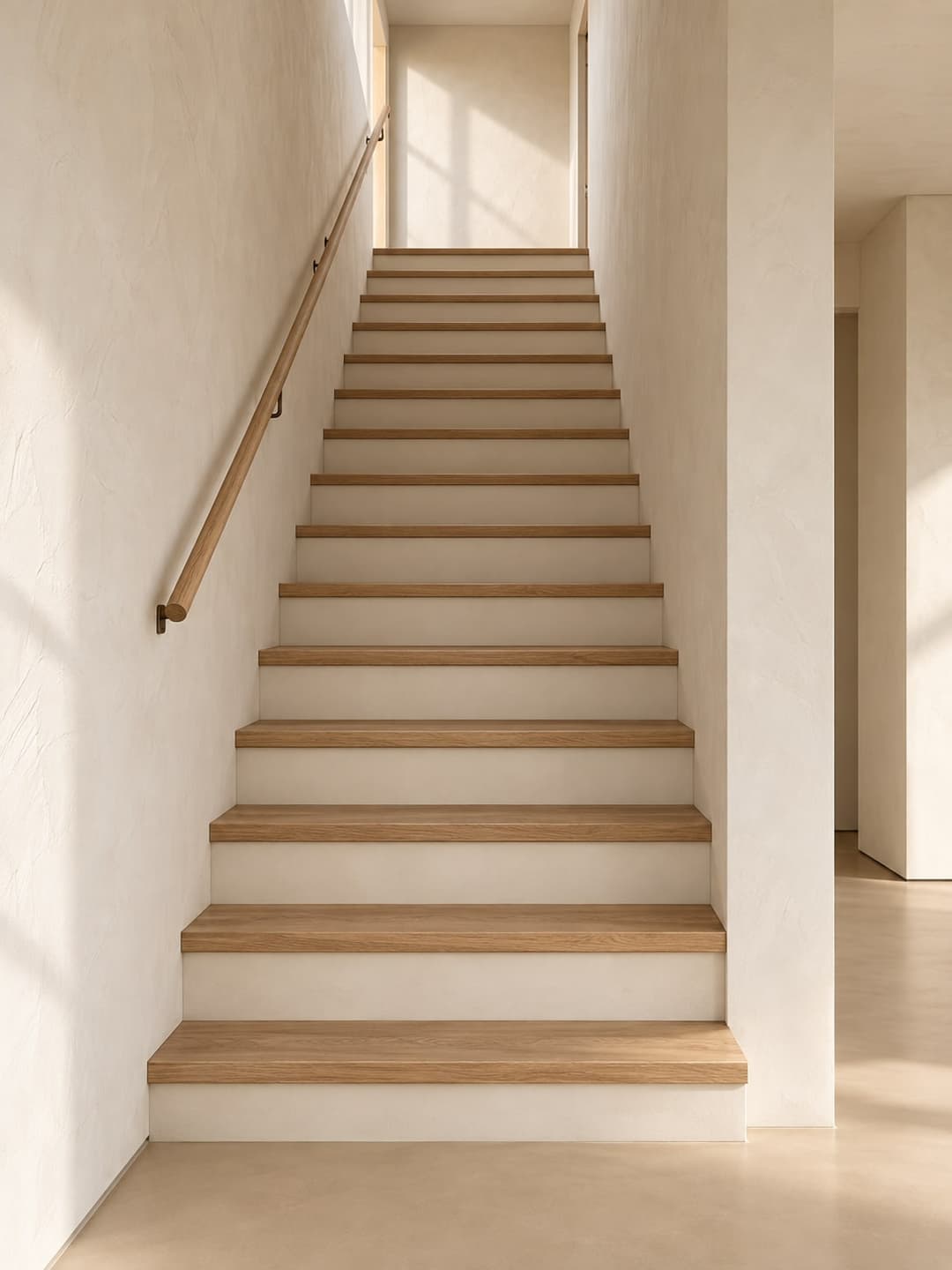 Eiken treden met lichte stootborden in de kleur van de wand