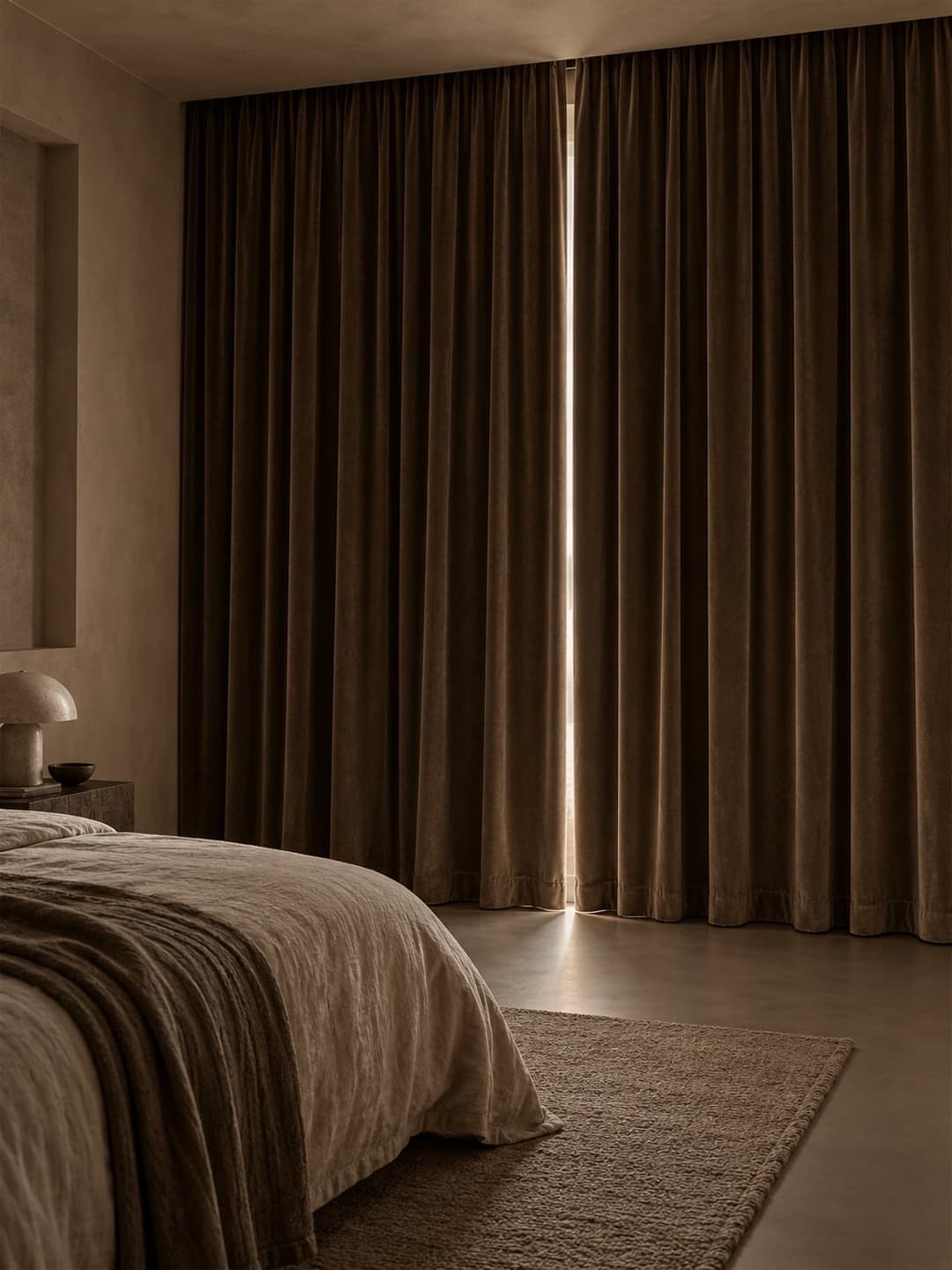 Verduisterende velours overgordijnen in een slaapkamer