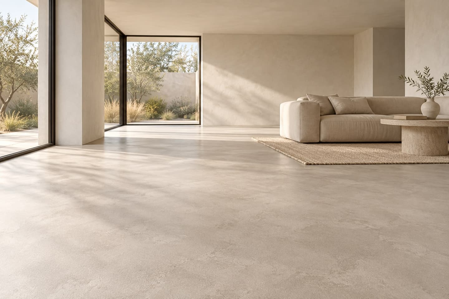 Betonlook vloer in een woonruimte met veel daglicht