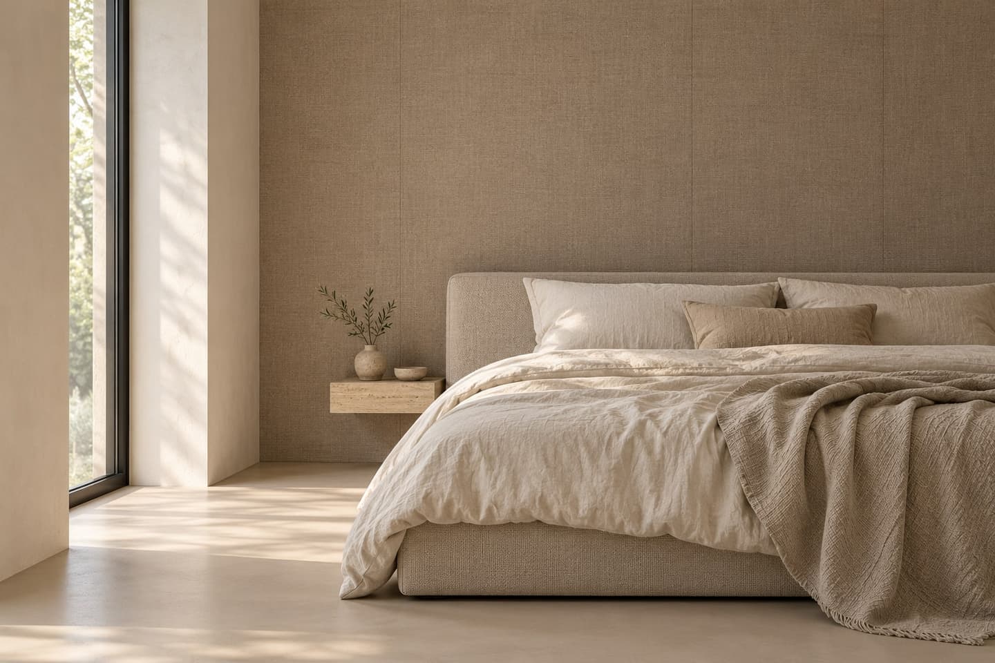 Slaapkamer met textiele wandbekleding