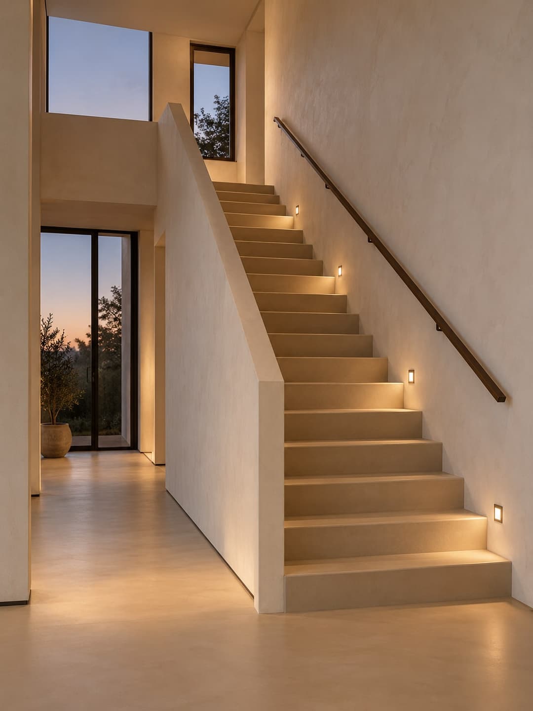 Treden verlicht door inbouwspots laag in de trapwand