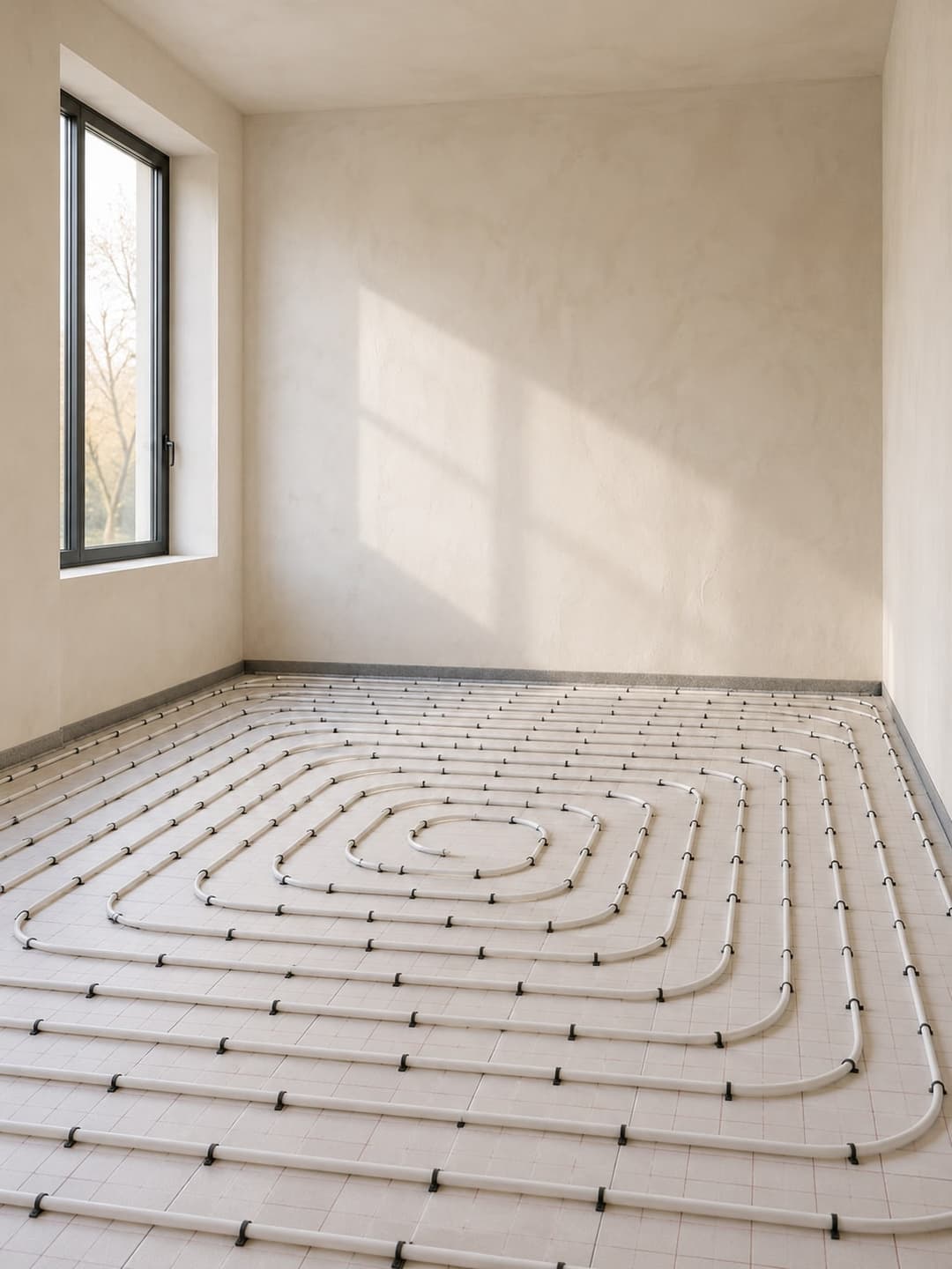 Leidingen op isolatieplaten, klaar voor een nieuwe dekvloer