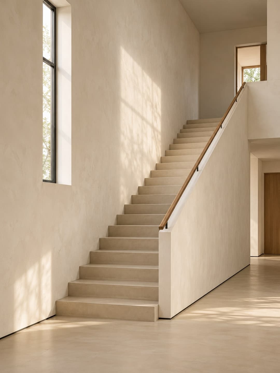 Hoge trapwand in stucwerk met strijklicht van een raam