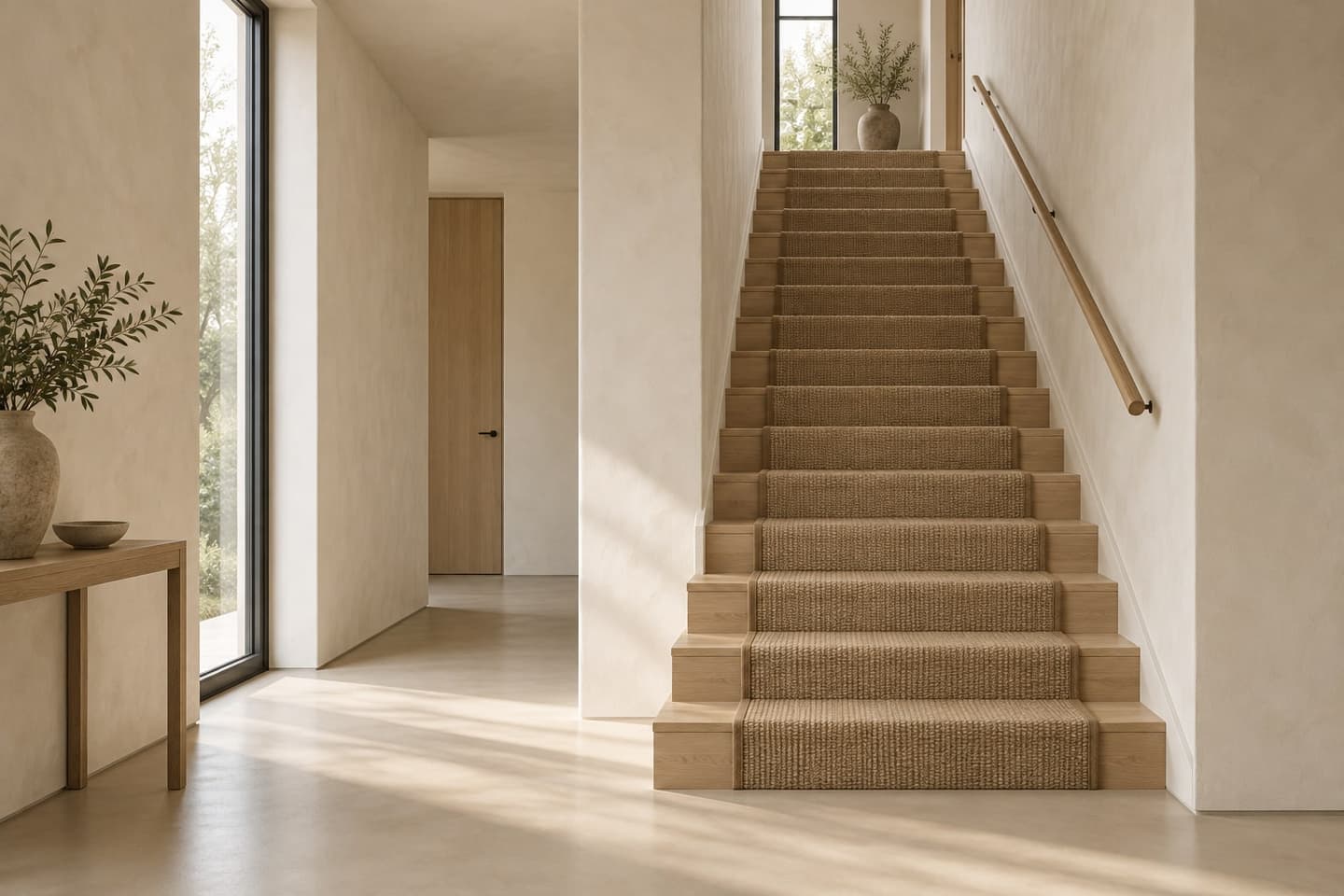 Traploper van sisal in een hal met stucwerk