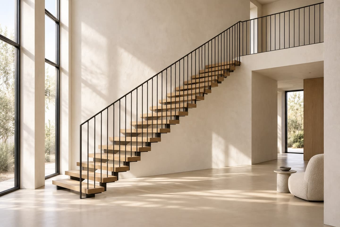 Open trap met een slanke stalen balustrade