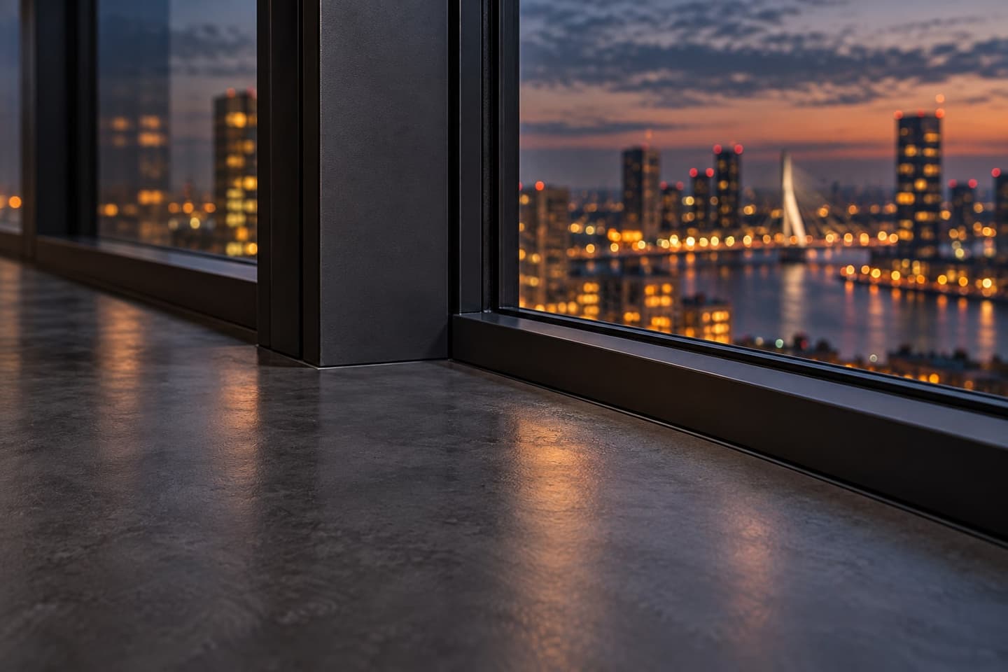 Detail van de vloerafwerking bij de raamaansluiting