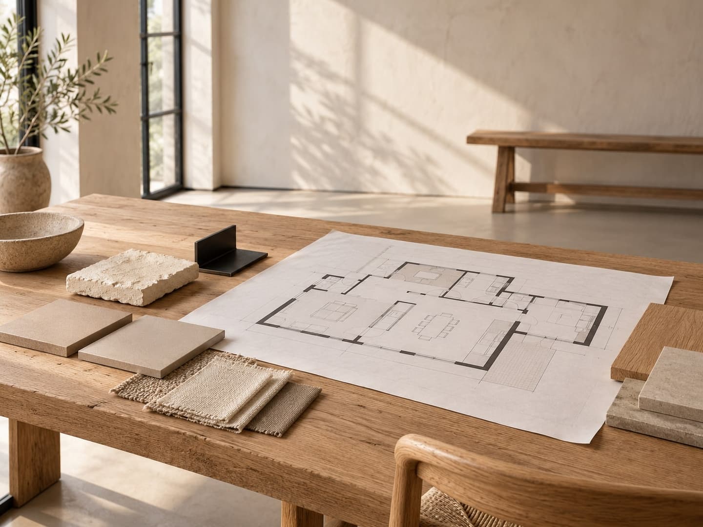 Plattegrond met materiaalstalen op een ontwerptafel
