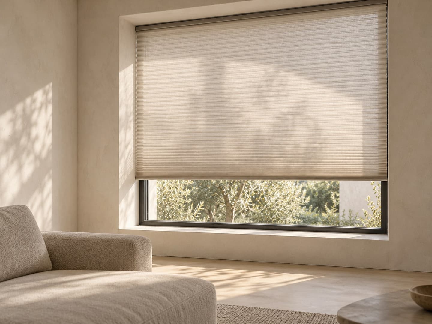 Plisségordijnen half gesloten voor een raam in een woonkamer