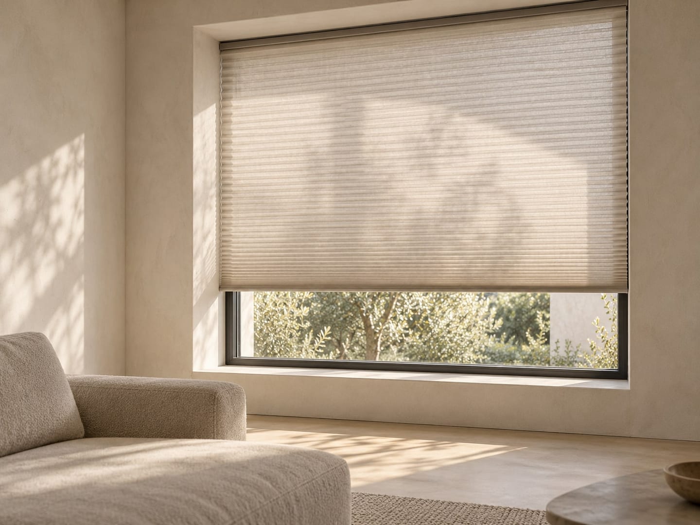Plisségordijnen half gesloten voor een raam in een woonkamer