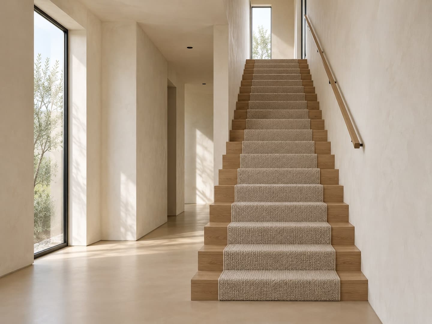 Trap met een wollen traploper over houten treden