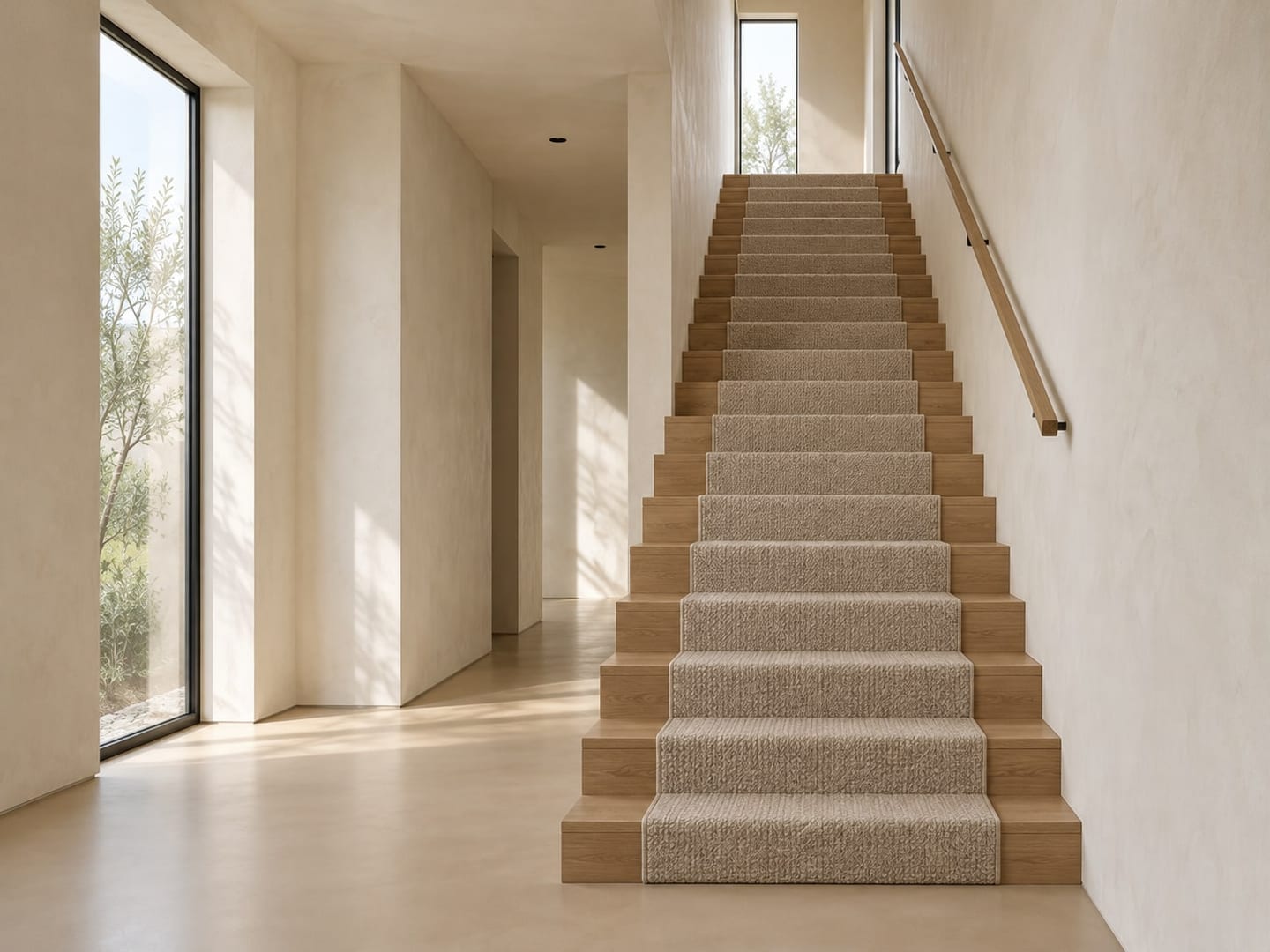 Trap met een wollen traploper over houten treden