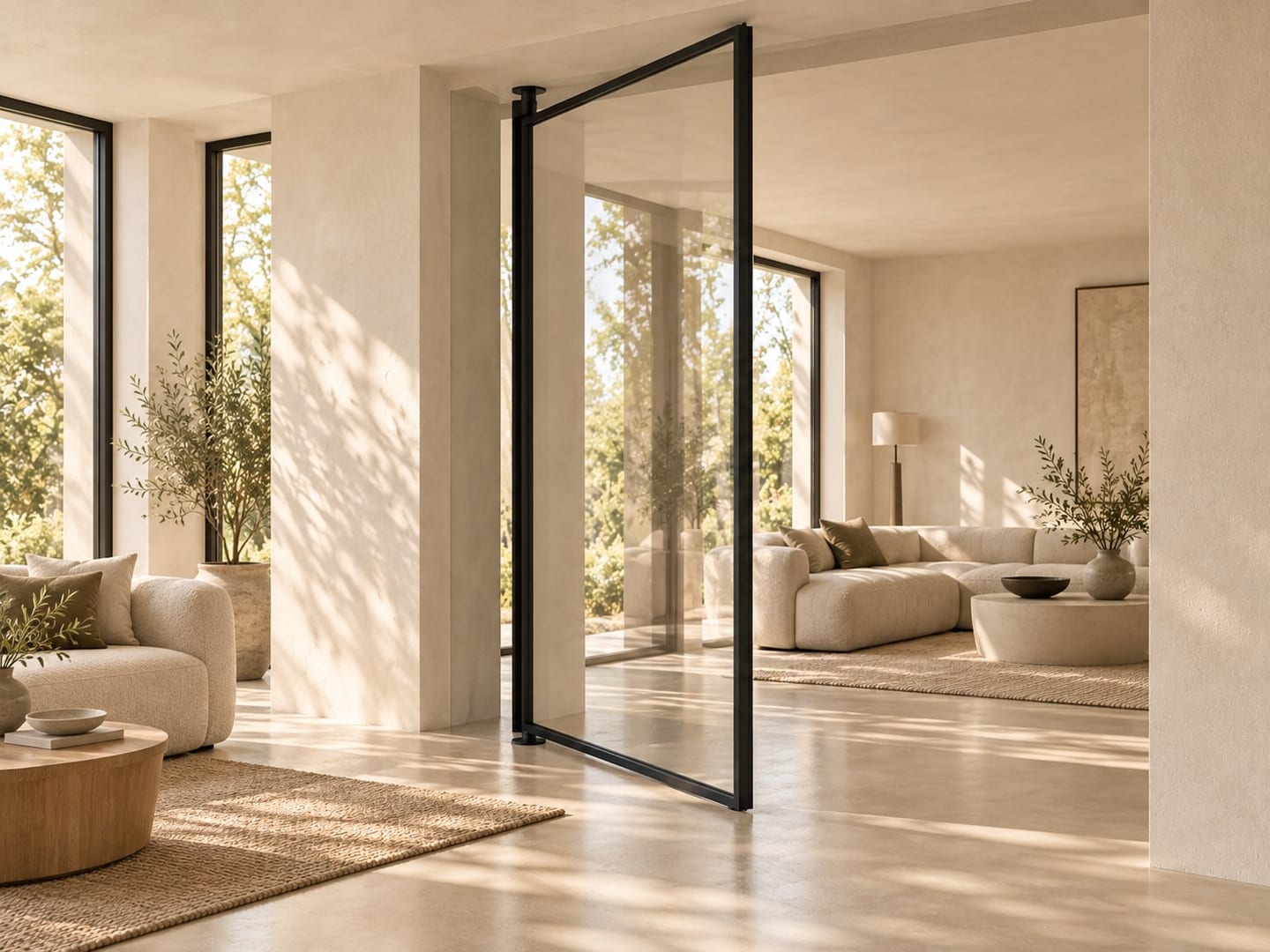 Open stalen taatsdeur met glas tussen twee woonruimtes
