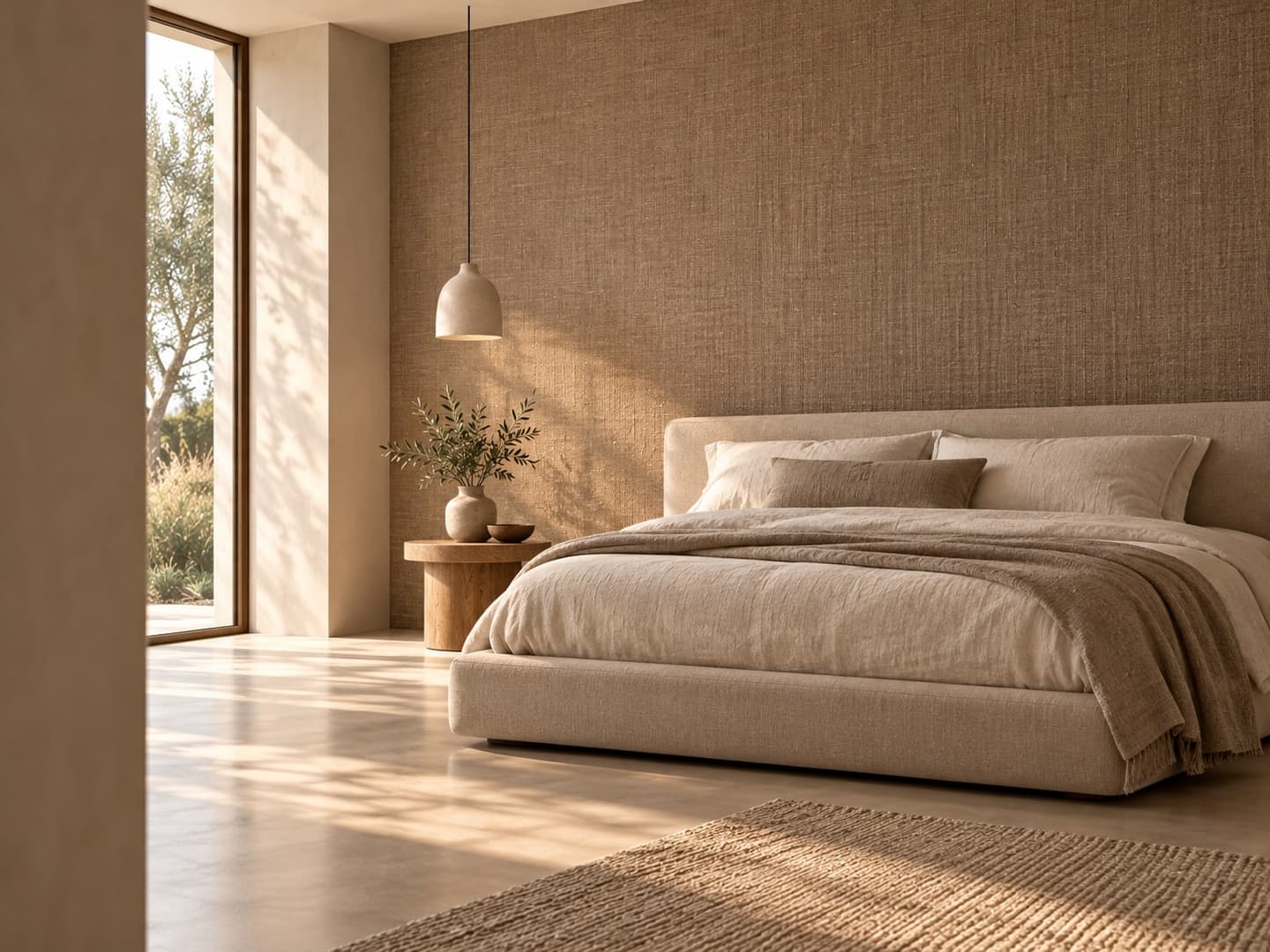 Slaapkamer met textiele wandbekleding