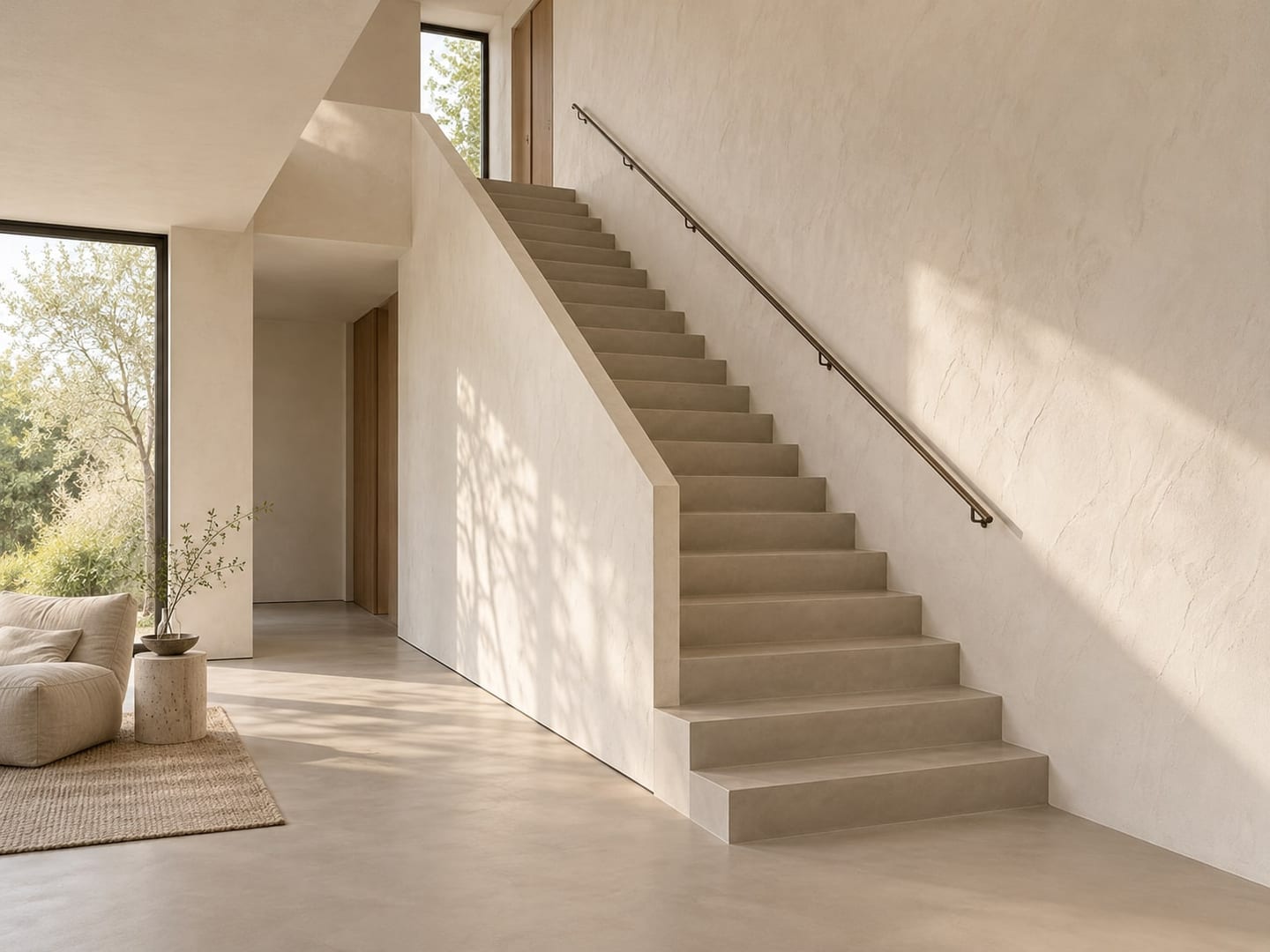 Trap in microcement die doorloopt vanuit een vloer in dezelfde kleur