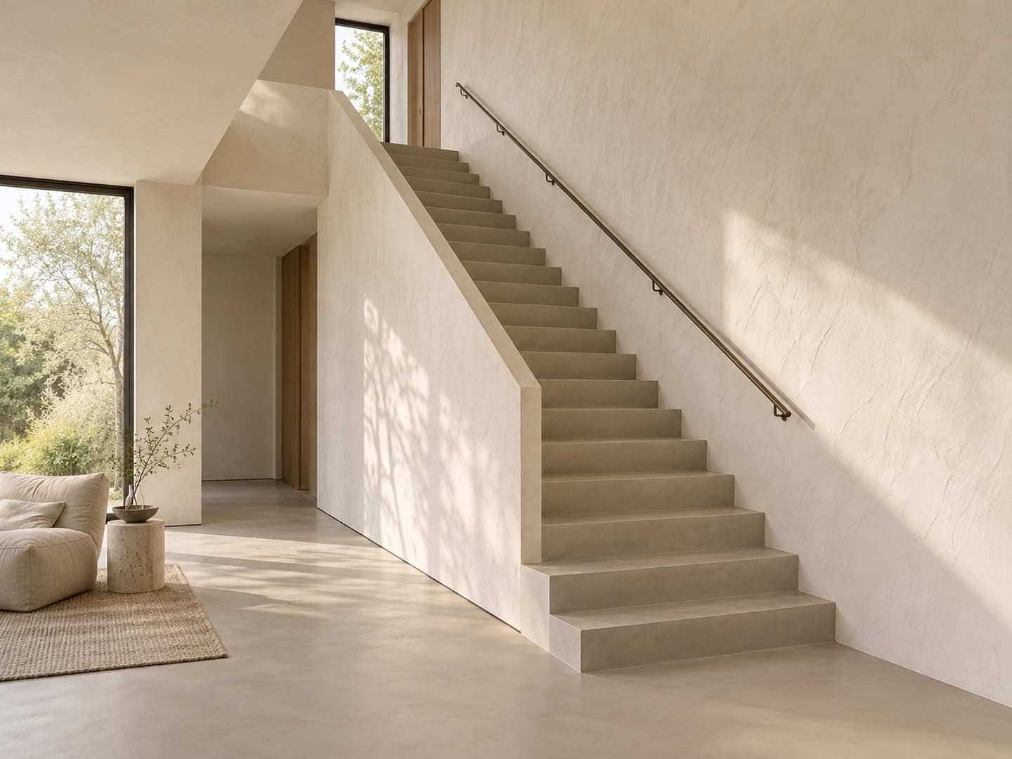 Trap in microcement die doorloopt vanuit een vloer in dezelfde kleur