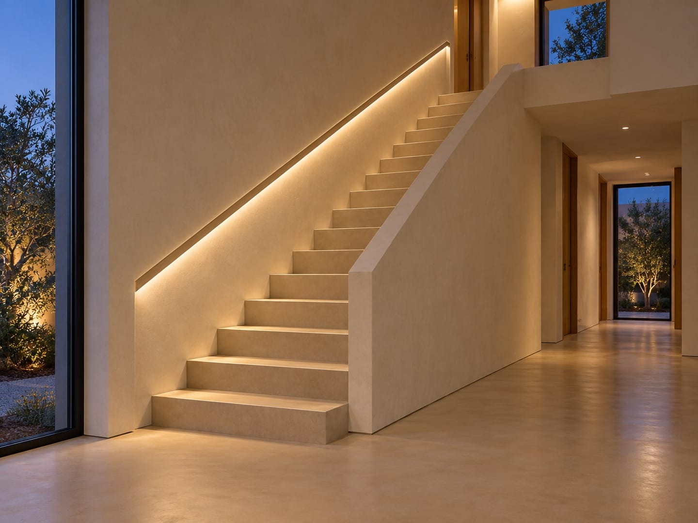 Trap met een in de wand verzonken leuning en lijnverlichting