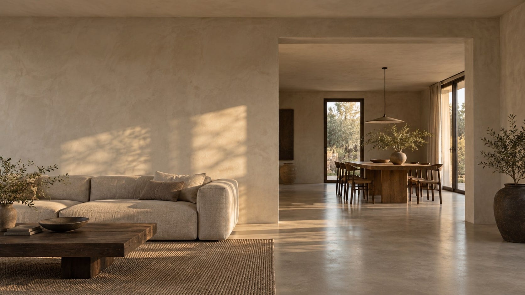 Interieur met een naadloze gietvloer en decoratieve wandafwerking