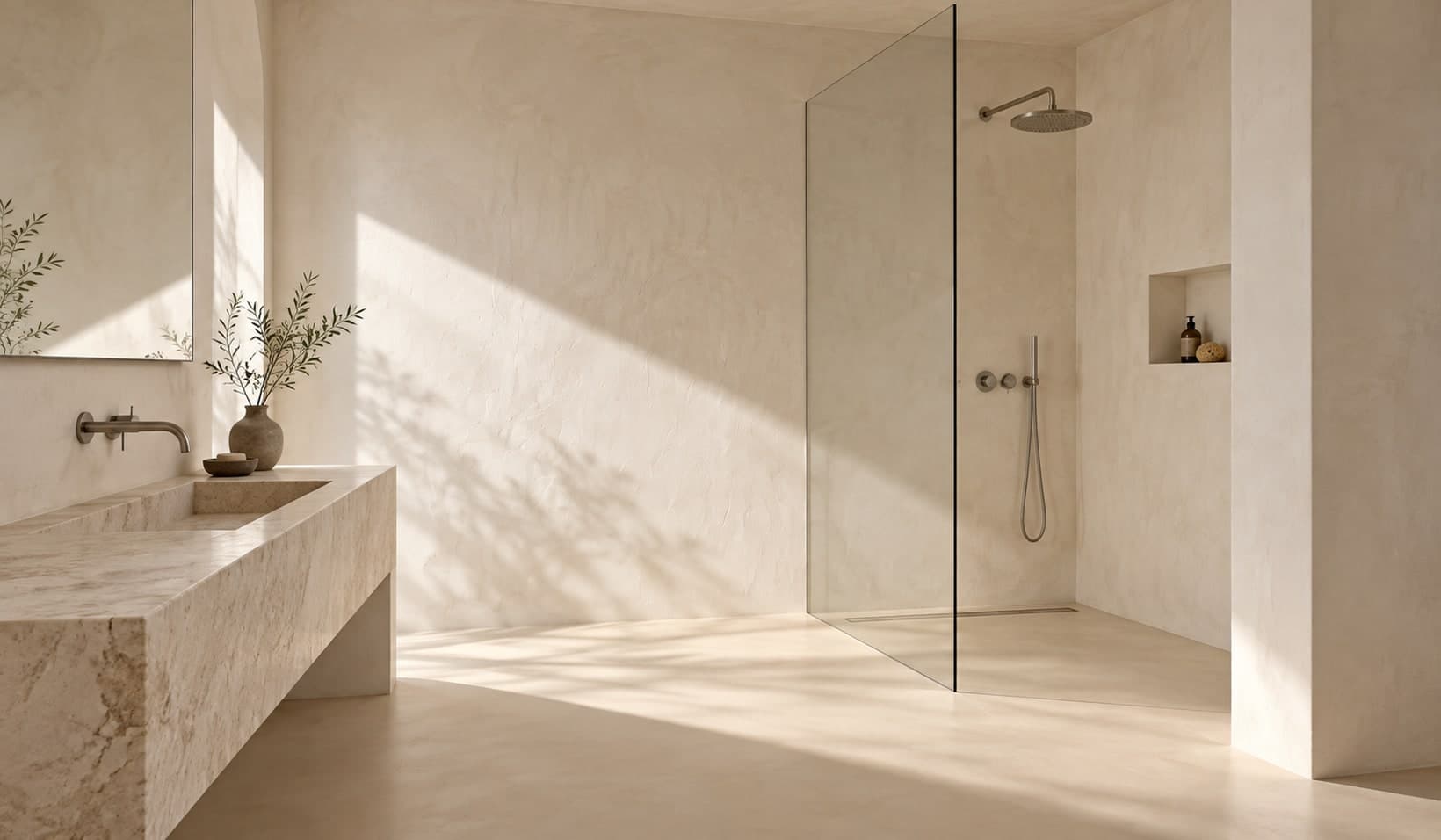 Badkamer met doorlopende microcement wandafwerking