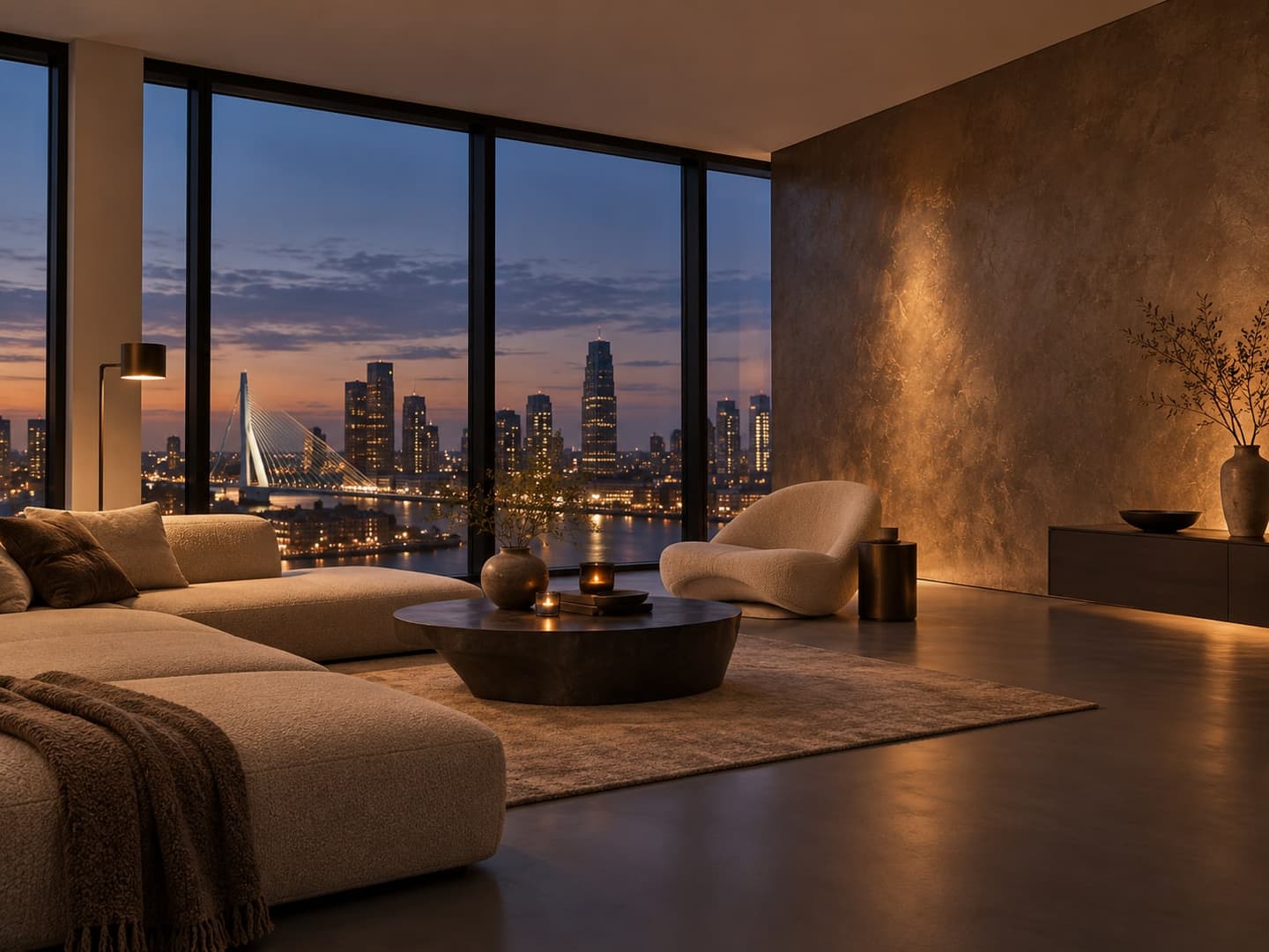 Penthouse in Rotterdam met donkere gietvloer en metallic wandafwerking