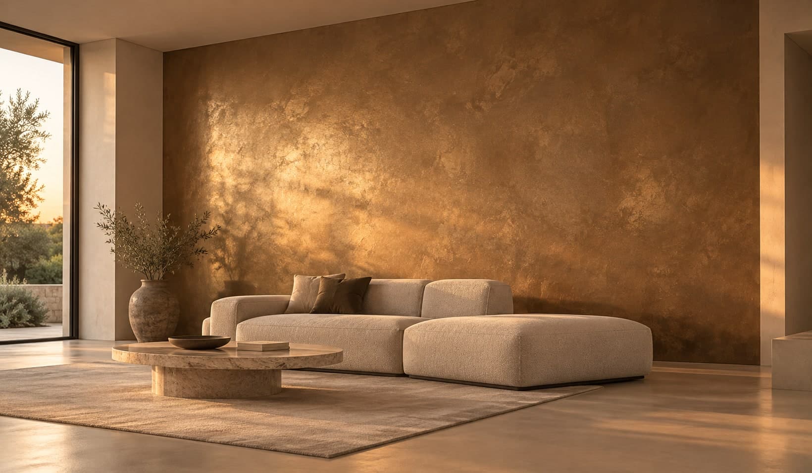 Wand met metallic afwerking in avondlicht