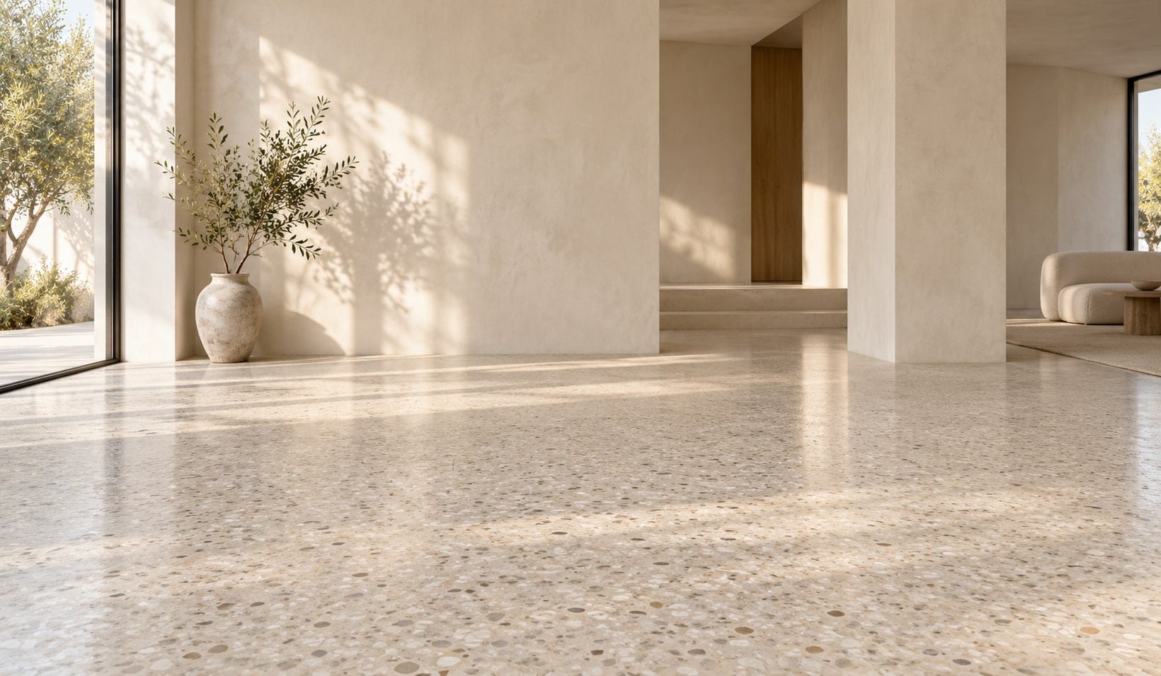 Gegoten terrazzovloer met zichtbaar granulaat
