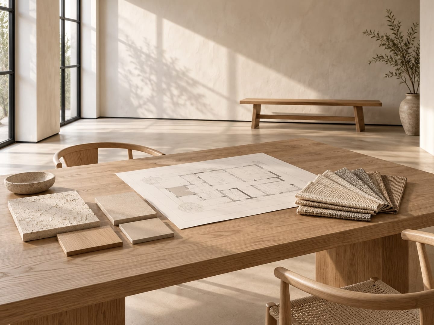 Ontwerptafel met plattegrond, materiaalstalen en stofstalen