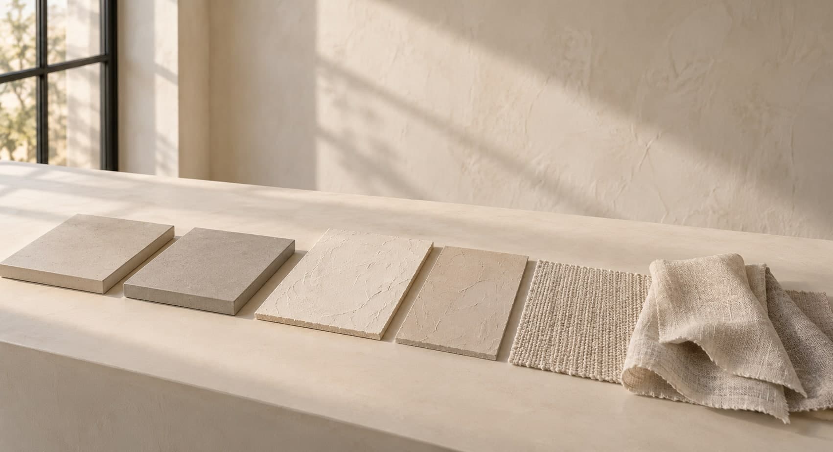 Materiaalstalen van vloer, wand en stof naast elkaar op een tafel