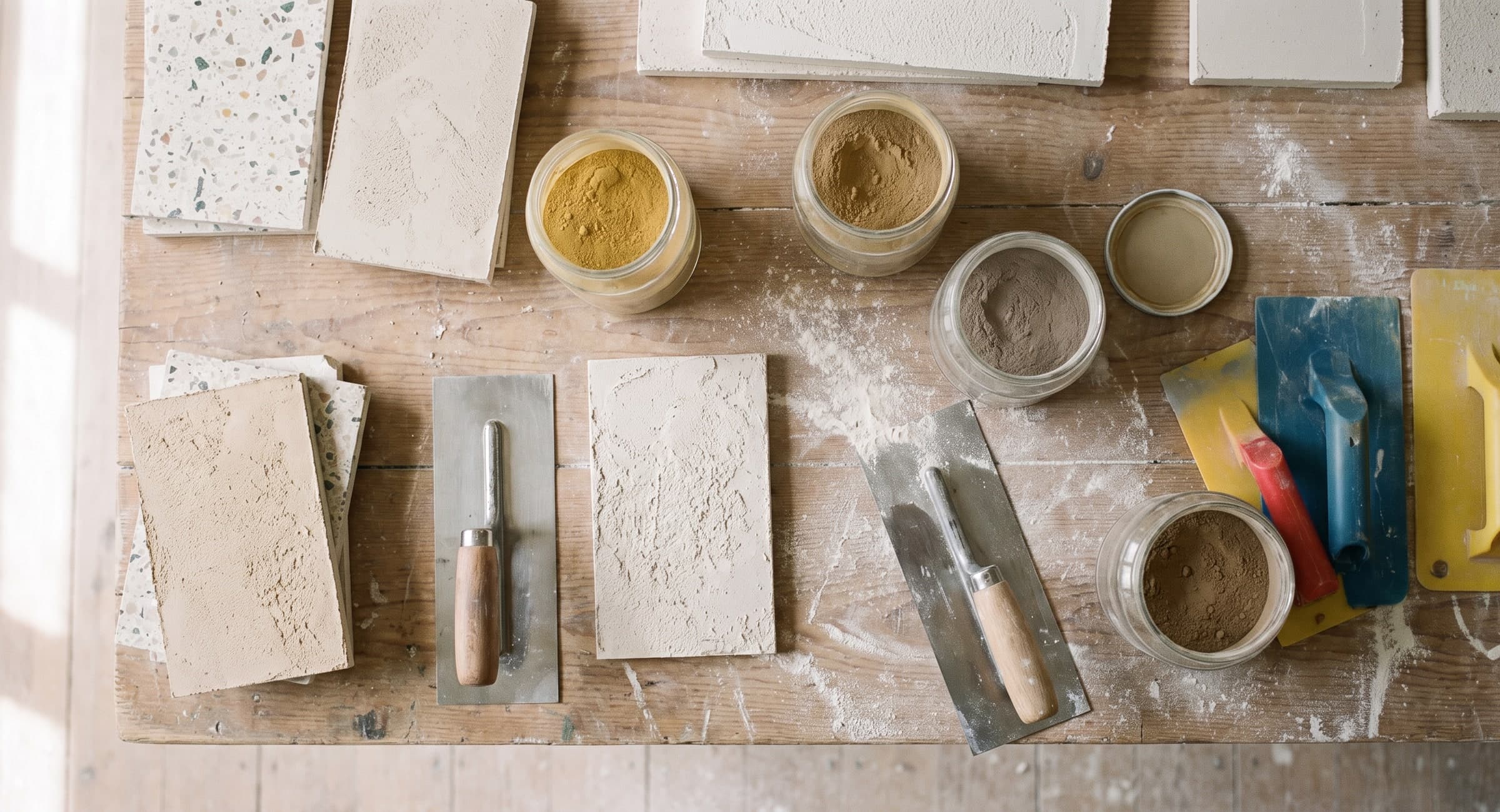 Werktafel met materiaalstalen, spanen en pigmenten