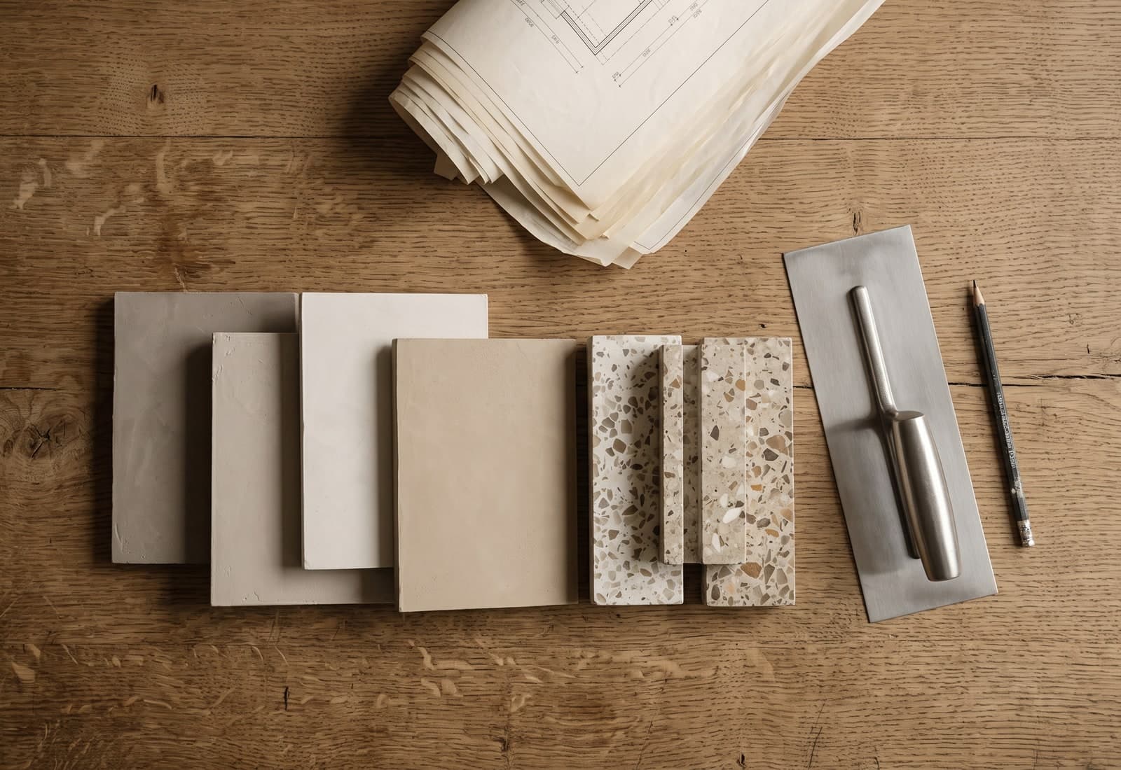 Materiaalstalen en tekeningen op een werktafel