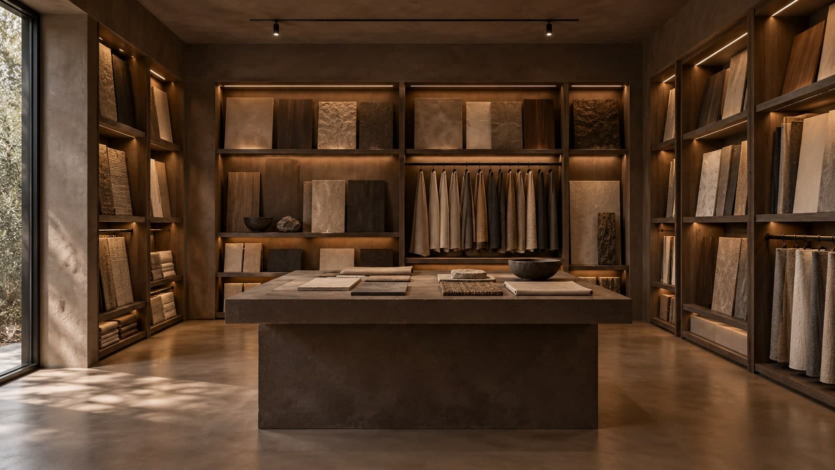 Donkere Decostudio-showroom met een bibliotheek van materiaalstalen