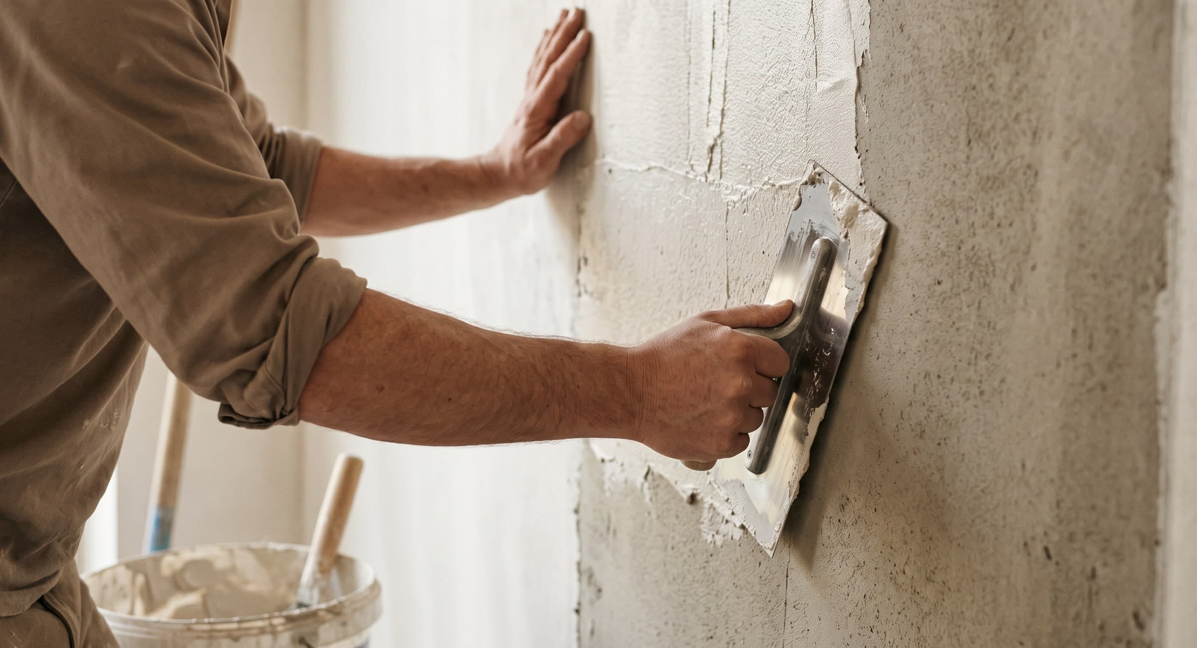 Vakman brengt een minerale afwerking aan op een wandvlak